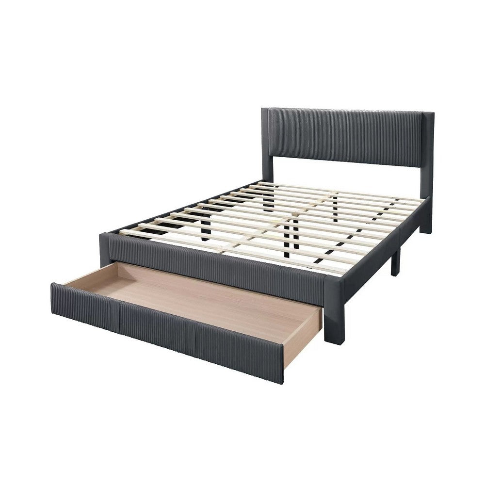 Benjara Daisy Full Bed w Drawer, Dark Gray Corduroy Upholstery, Foam Headboard