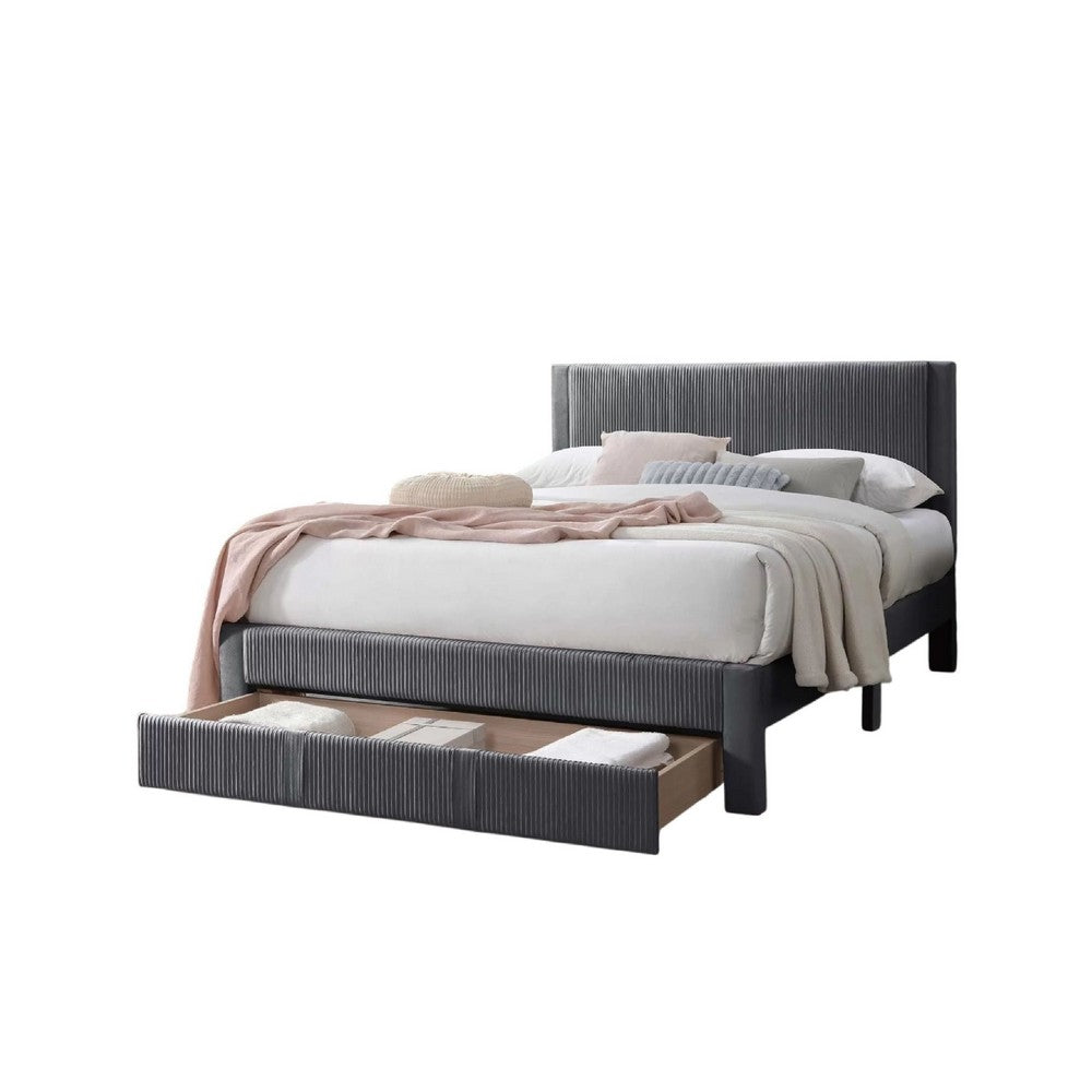 Benjara Daisy Full Bed w Drawer, Dark Gray Corduroy Upholstery, Foam Headboard