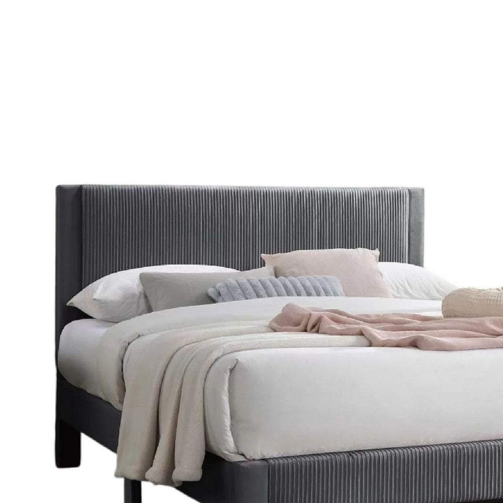 Benjara Daisy Full Bed w Drawer, Dark Gray Corduroy Upholstery, Foam Headboard
