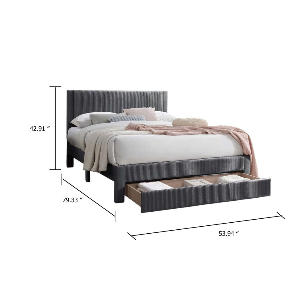 Benjara Daisy Full Bed w Drawer, Dark Gray Corduroy Upholstery, Foam Headboard