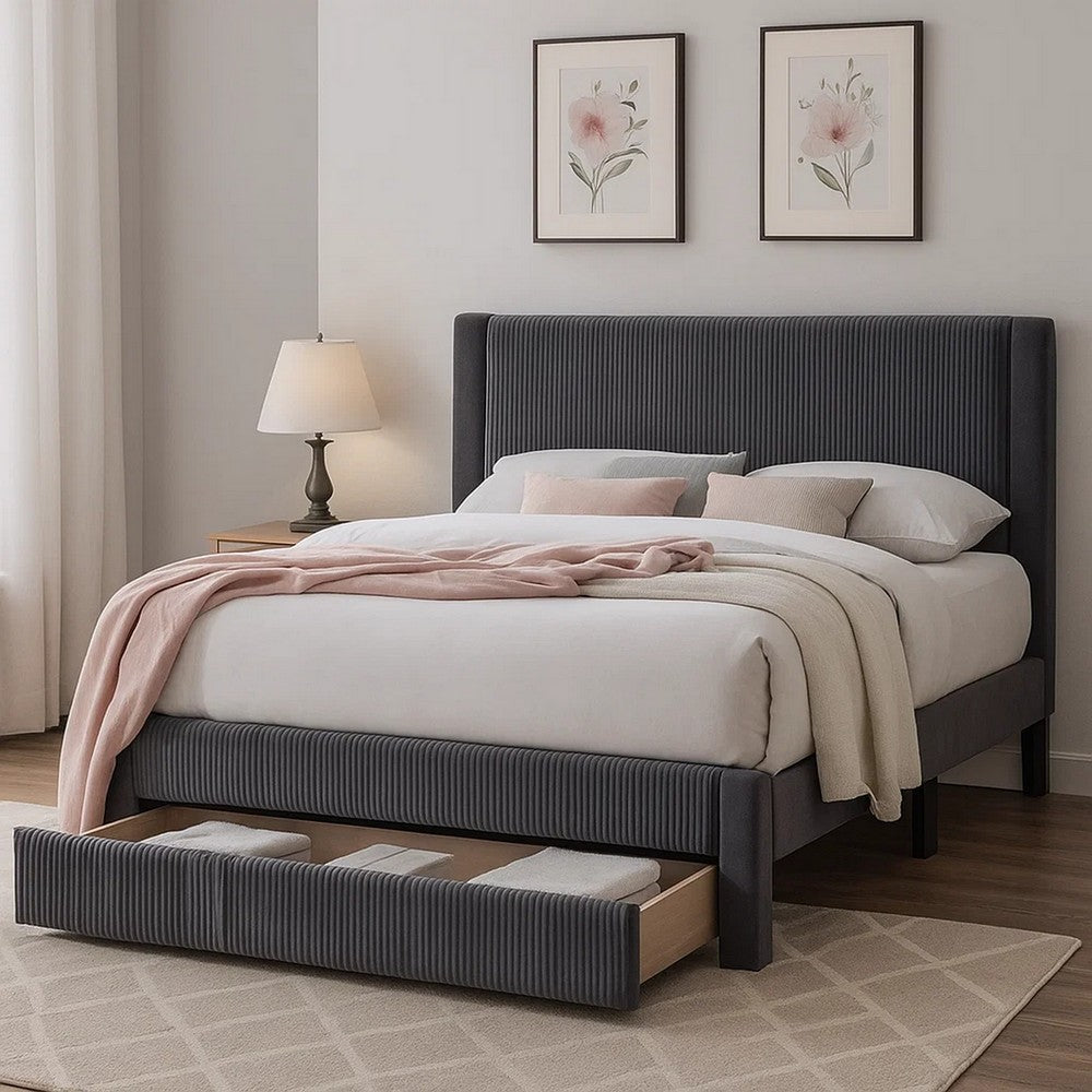 Benjara Daisy Full Bed w Drawer, Dark Gray Corduroy Upholstery, Foam Headboard