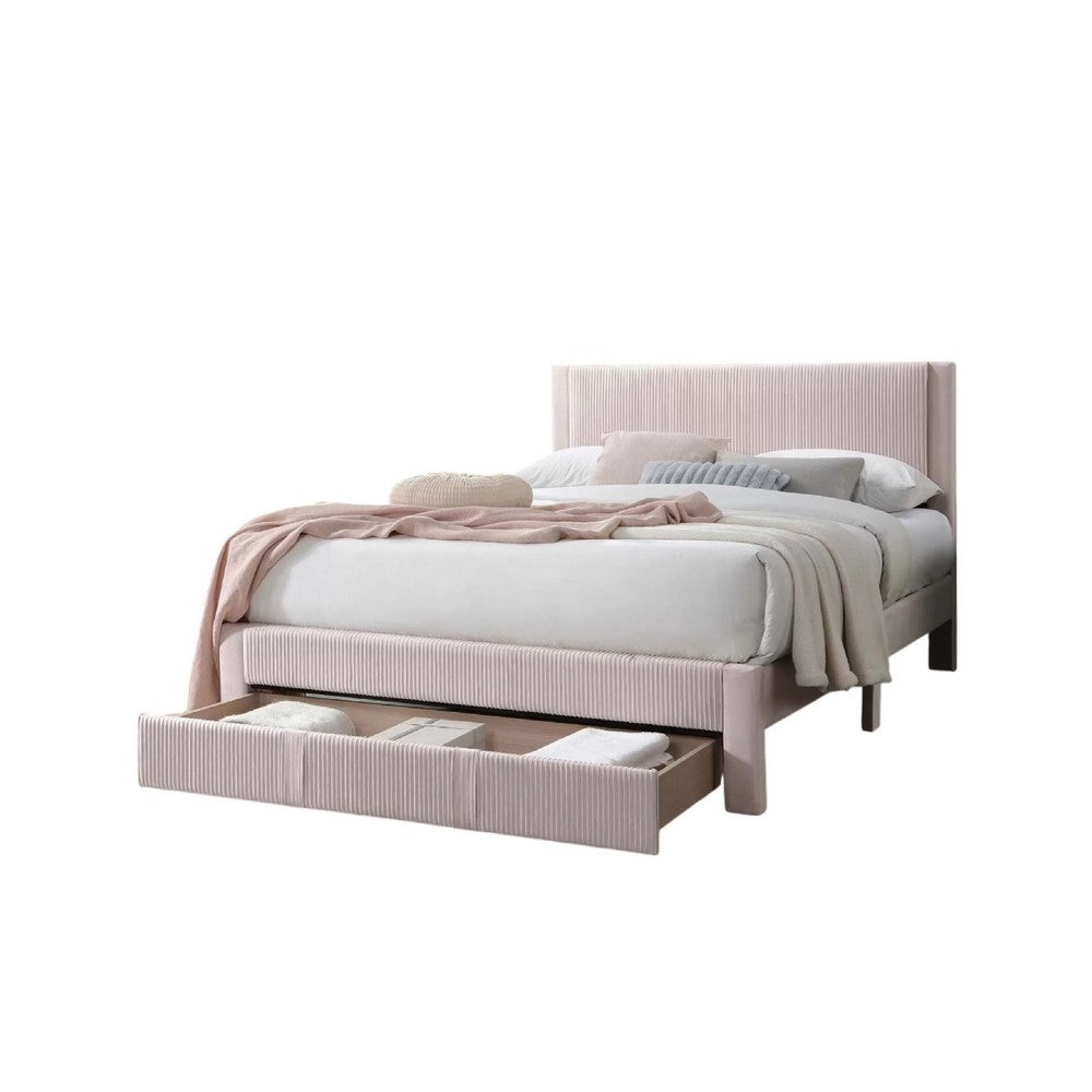 Benjara Daisy Full Bed w Drawer, Light Pink Corduroy Upholstery, Foam Headboard