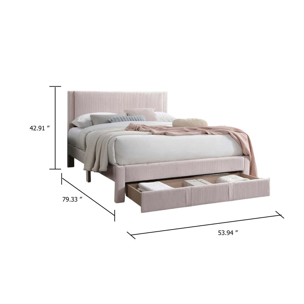 Benjara Daisy Full Bed w Drawer, Light Pink Corduroy Upholstery, Foam Headboard