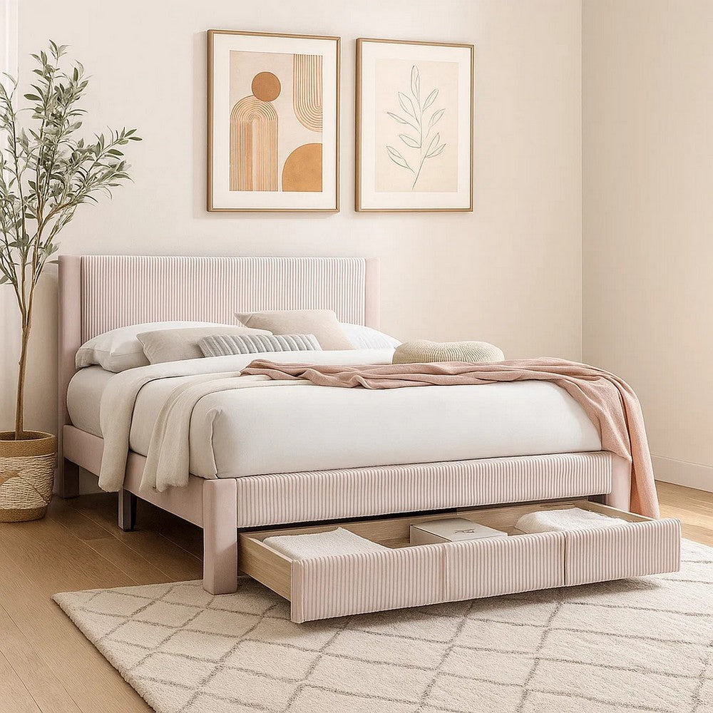 Benjara Daisy Full Bed w Drawer, Light Pink Corduroy Upholstery, Foam Headboard