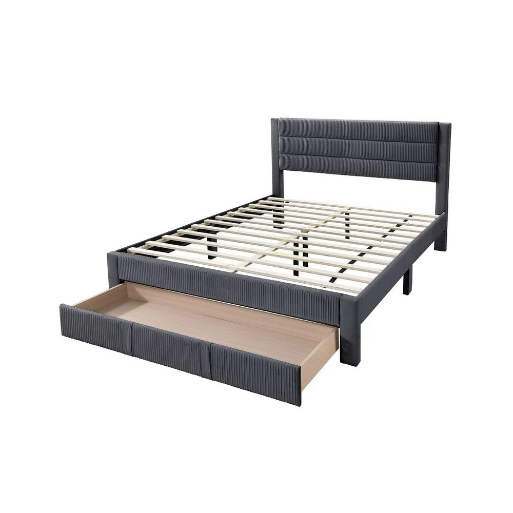 Benjara Daisy Full Bed w Drawer, Charcoal Gray Corduroy Upholstery, Foam