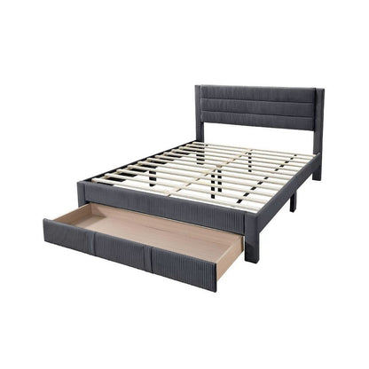 Benjara Daisy Full Bed w Drawer, Charcoal Gray Corduroy Upholstery, Foam