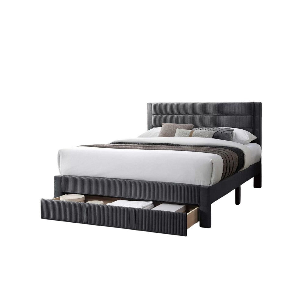 Benjara Daisy Full Bed w Drawer, Charcoal Gray Corduroy Upholstery, Foam