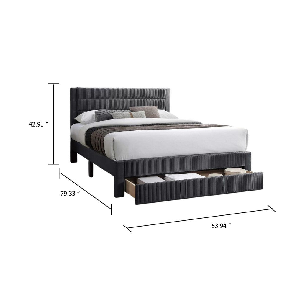 Benjara Daisy Full Bed w Drawer, Charcoal Gray Corduroy Upholstery, Foam