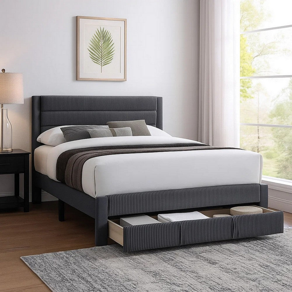 Benjara Daisy Full Bed w Drawer, Charcoal Gray Corduroy Upholstery, Foam