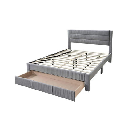 Benjara Daisy Full Bed w Drawer, Light Gray Corduroy Upholstery, Foam Headboard