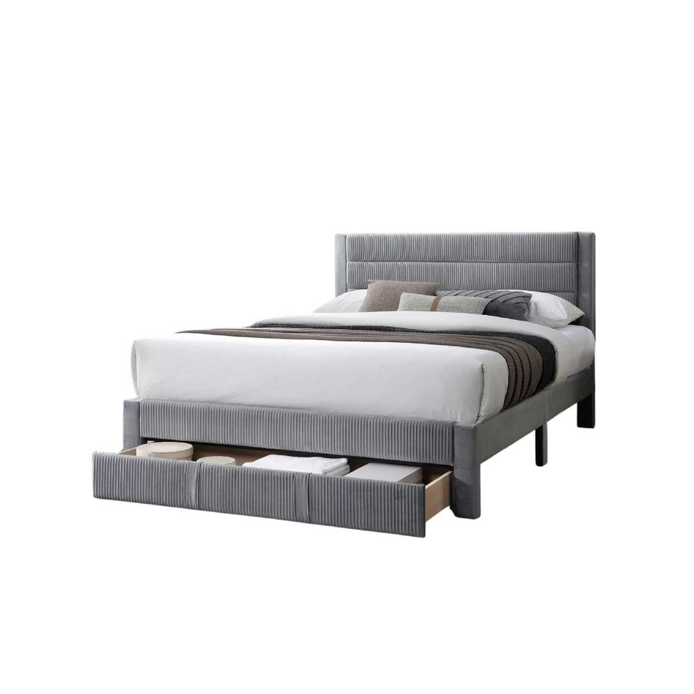 Benjara Daisy Full Bed w Drawer, Light Gray Corduroy Upholstery, Foam Headboard