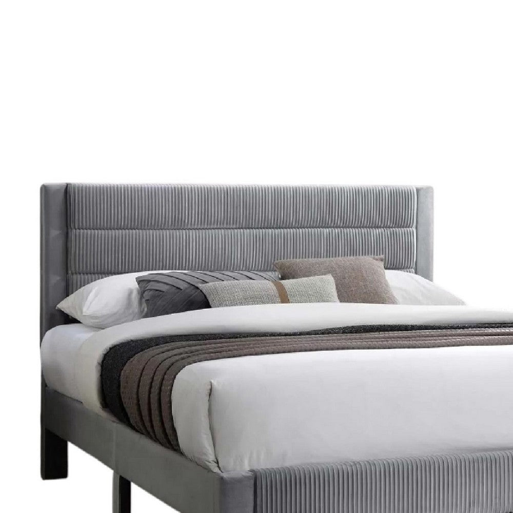 Benjara Daisy Full Bed w Drawer, Light Gray Corduroy Upholstery, Foam Headboard