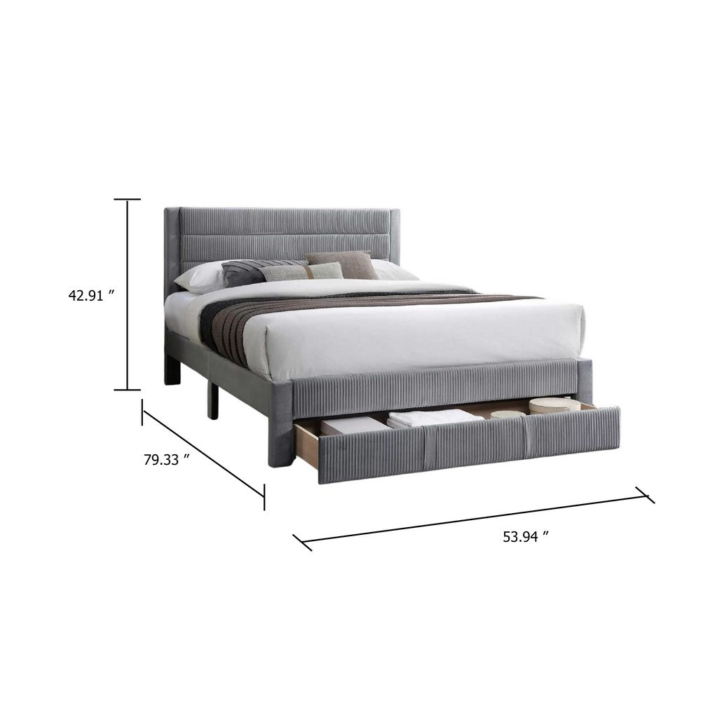Benjara Daisy Full Bed w Drawer, Light Gray Corduroy Upholstery, Foam Headboard