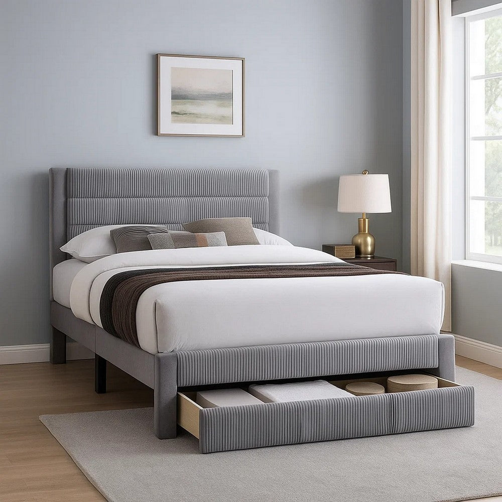 Benjara Daisy Full Bed w Drawer, Light Gray Corduroy Upholstery, Foam Headboard