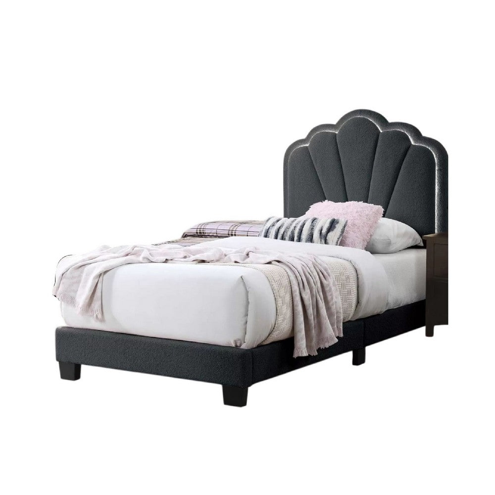 Benjara Roxy Twin Bed, Charcoal Gray Wool, LED Lighting, Padded Headboard