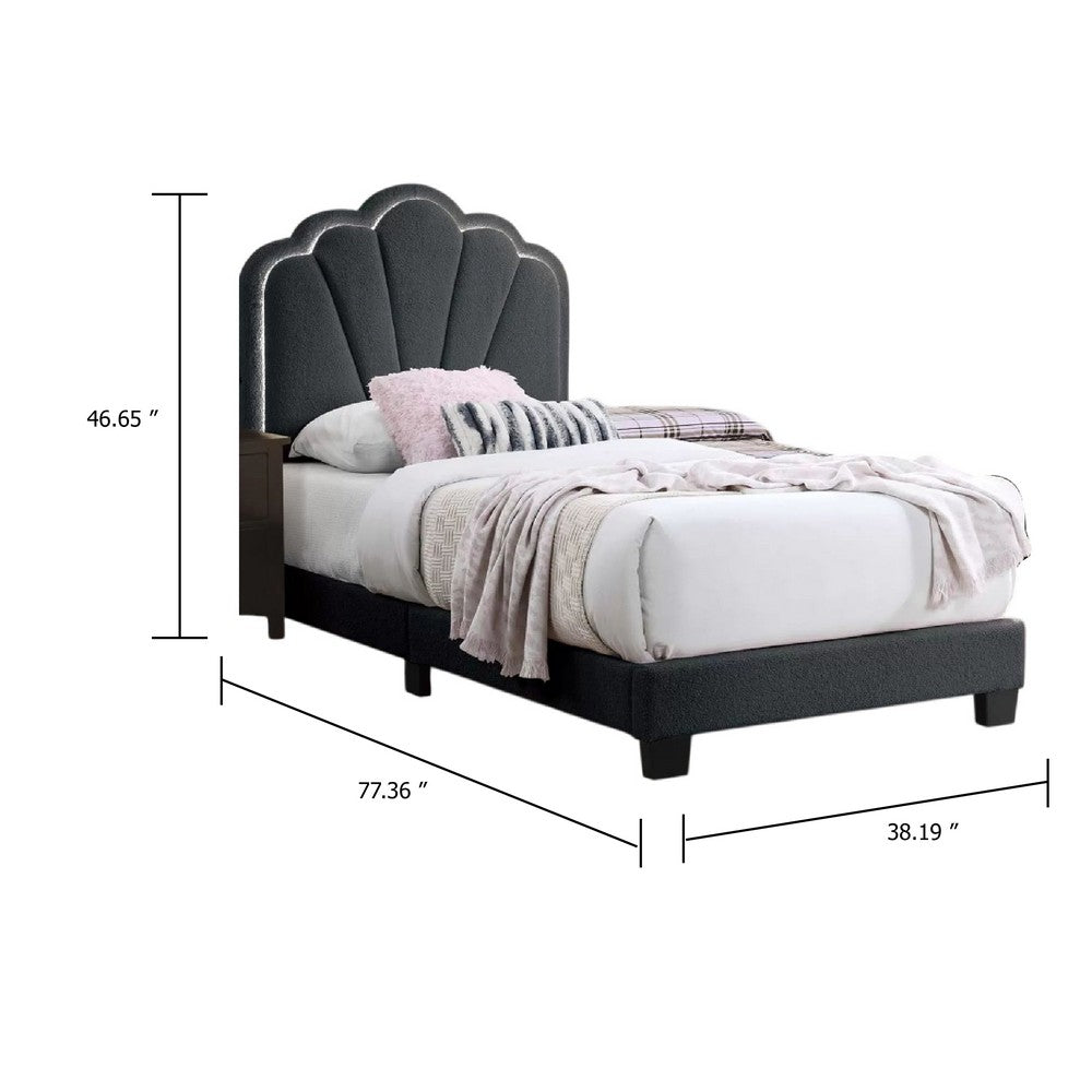Benjara Roxy Twin Bed, Charcoal Gray Wool, LED Lighting, Padded Headboard