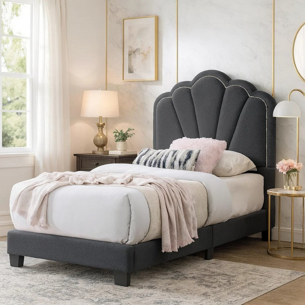 Benjara Roxy Twin Bed, Charcoal Gray Wool, LED Lighting, Padded Headboard
