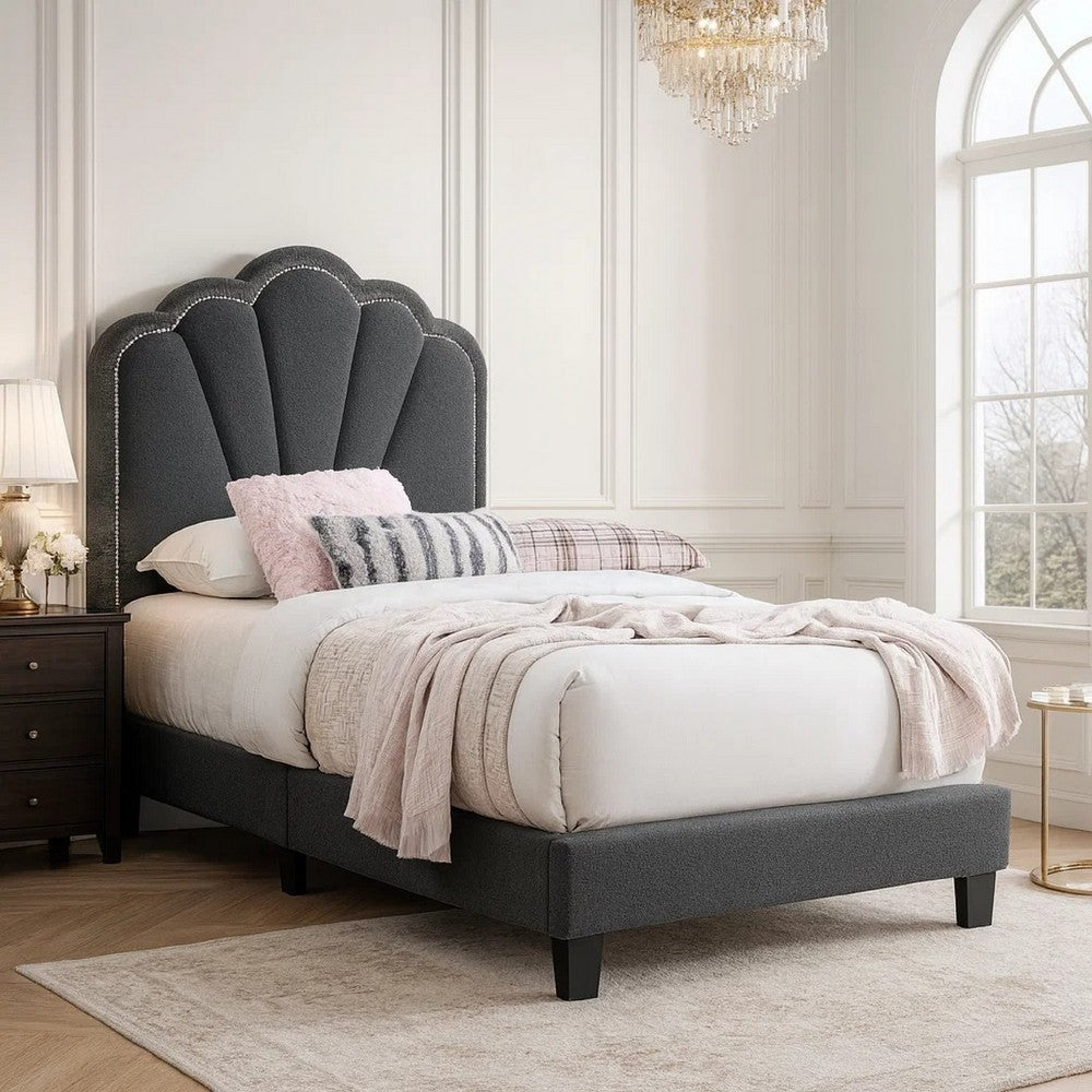 Benjara Roxy Twin Bed, Charcoal Gray Wool, LED Lighting, Padded Headboard