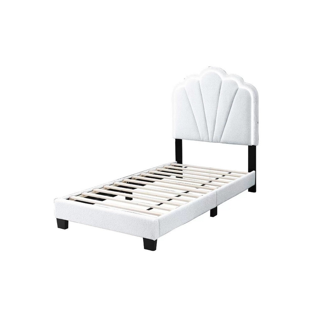 Benjara Roxy Twin Bed, White Wool Upholstery, LED Lighting, Padded Headboard