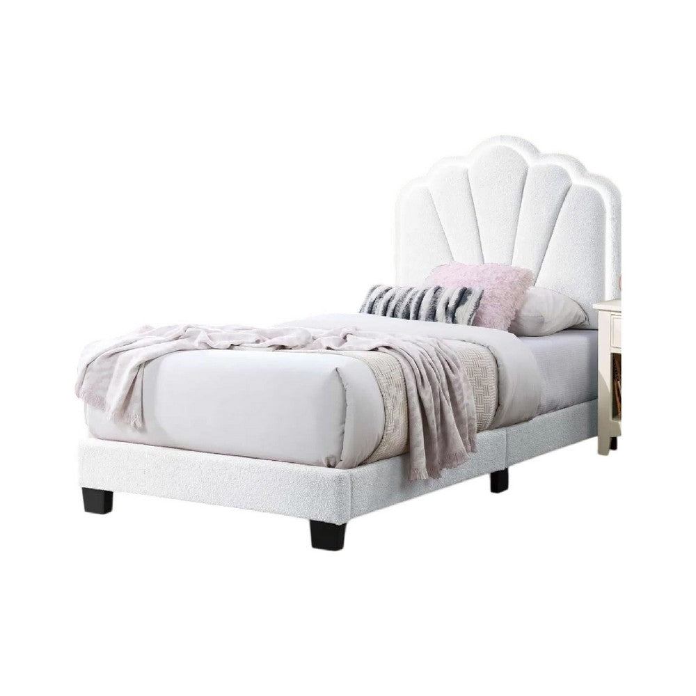 Benjara Roxy Twin Bed, White Wool Upholstery, LED Lighting, Padded Headboard