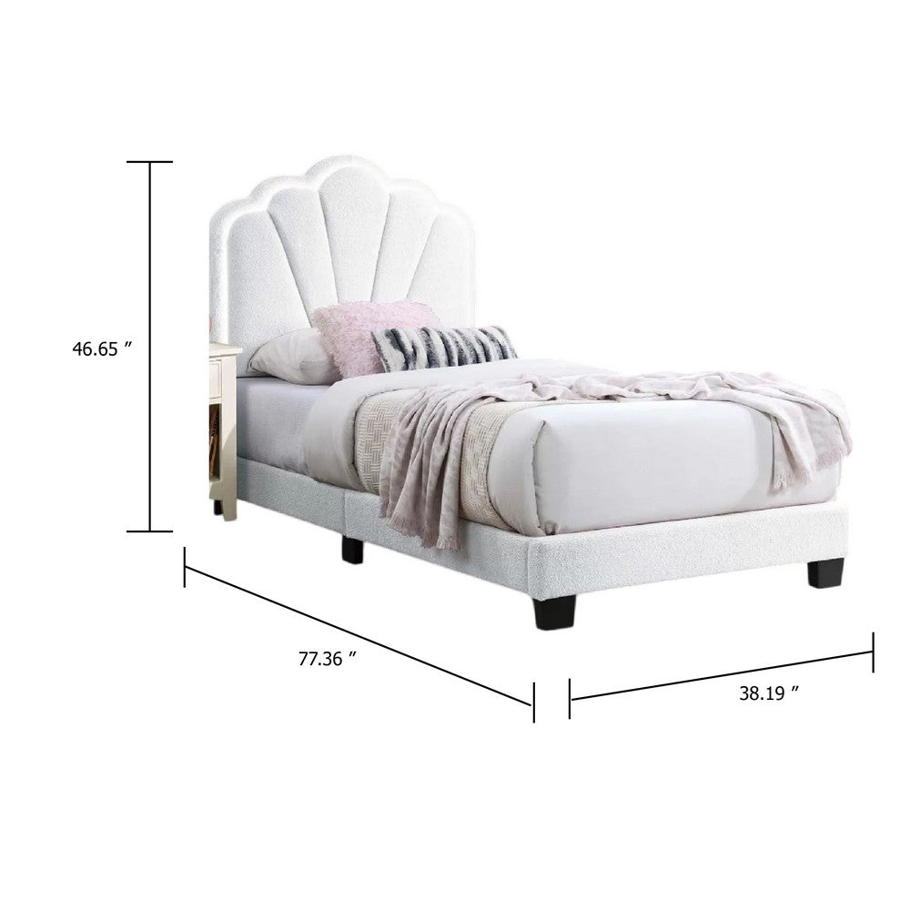 Benjara Roxy Twin Bed, White Wool Upholstery, LED Lighting, Padded Headboard