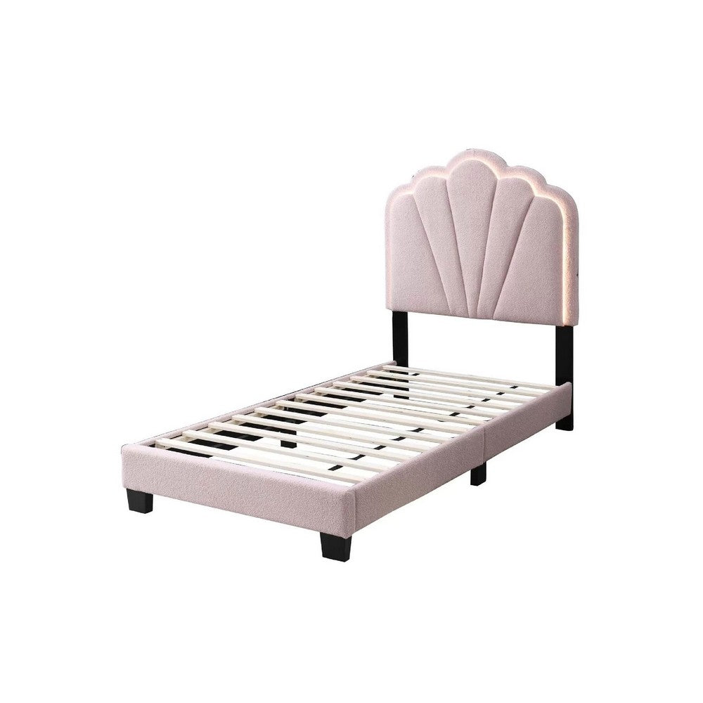 Benjara Roxy Twin Bed, Pink Wool Upholstery, LED Lighting, Padded Headboard