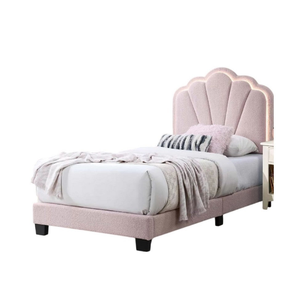 Benjara Roxy Twin Bed, Pink Wool Upholstery, LED Lighting, Padded Headboard