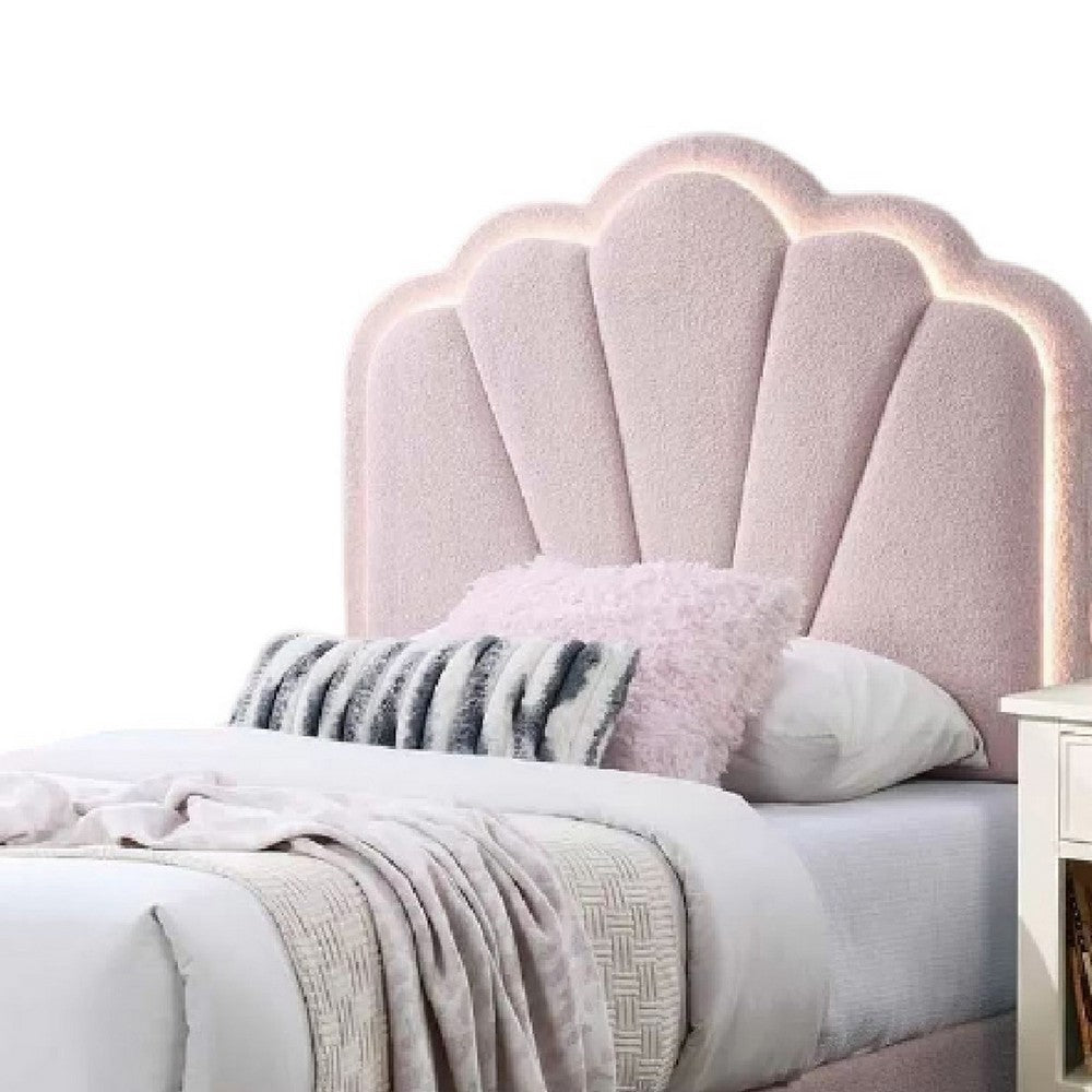 Benjara Roxy Twin Bed, Pink Wool Upholstery, LED Lighting, Padded Headboard