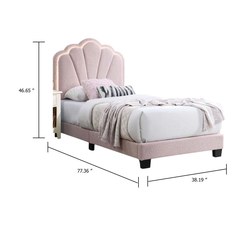 Benjara Roxy Twin Bed, Pink Wool Upholstery, LED Lighting, Padded Headboard