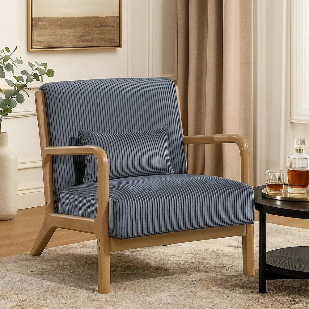 Benjara Jerime Accent Chair, Dark Gray Corduroy Fabric, 1 Pillow, Brown Wood