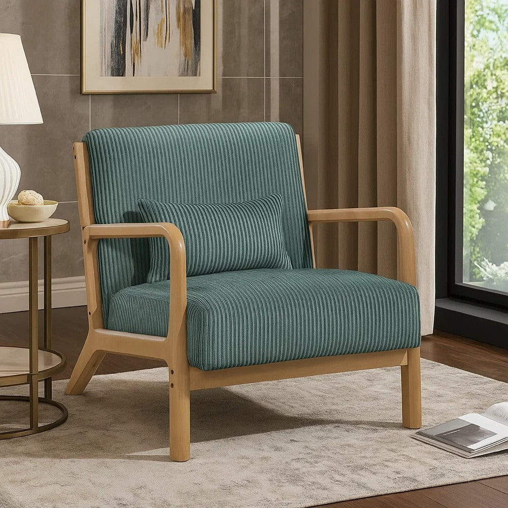 Benjara Jerime Accent Chair, Sage Green Corduroy Fabric, 1 Pillow, Brown Wood