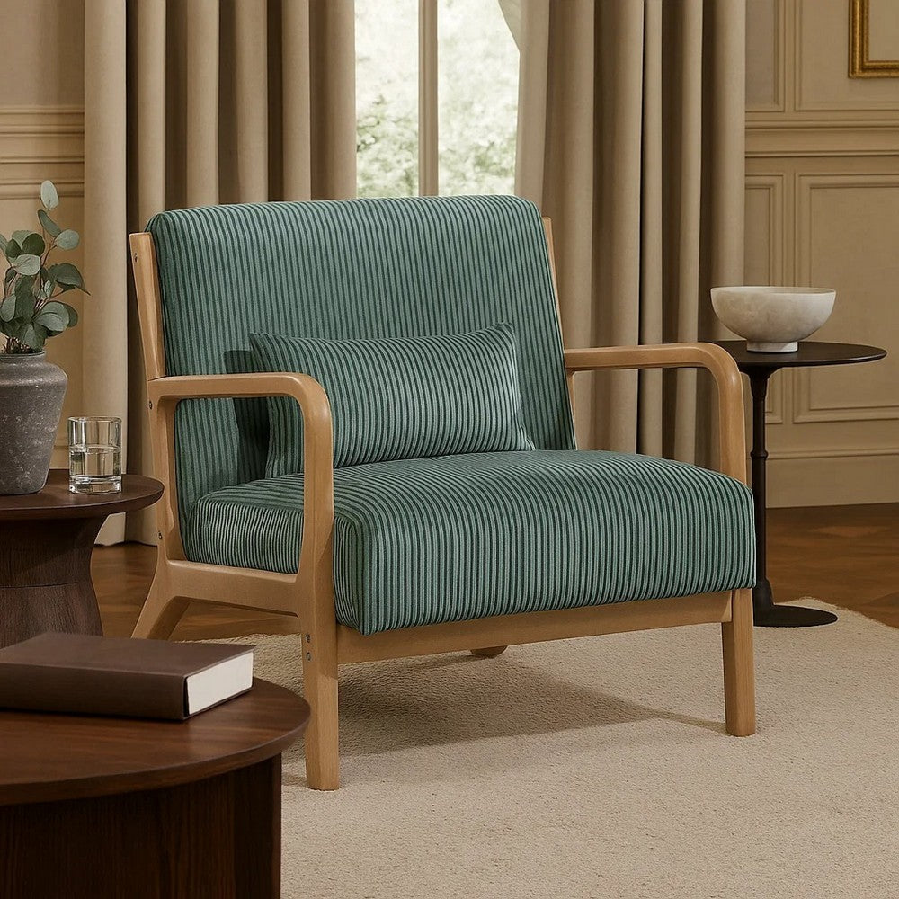 Benjara Jerime Accent Chair, Sage Green Corduroy Fabric, 1 Pillow, Brown Wood