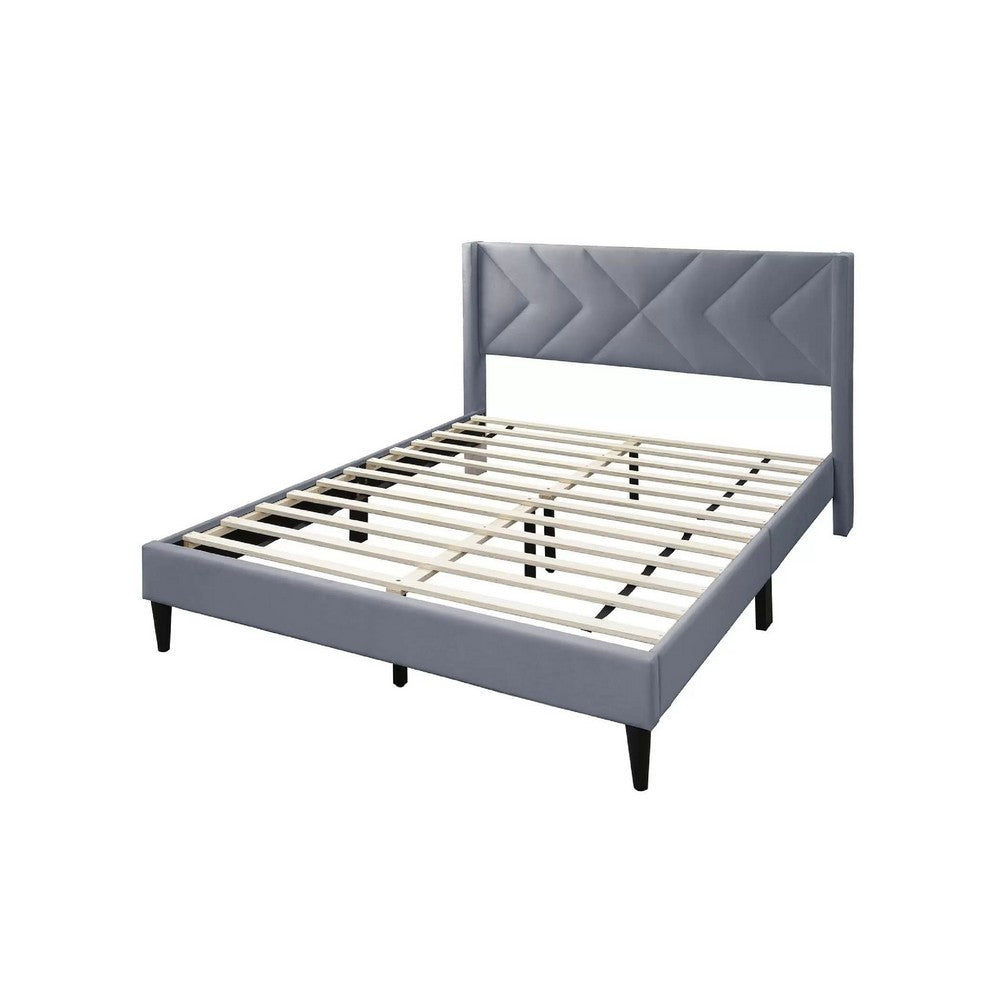 Benjara Niasa Full Size Bed, Chevron Tufted Gray Velvet Upholstered Foam