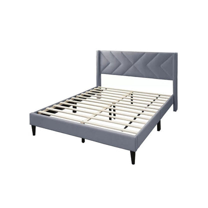 Benjara Niasa Full Size Bed, Chevron Tufted Gray Velvet Upholstered Foam