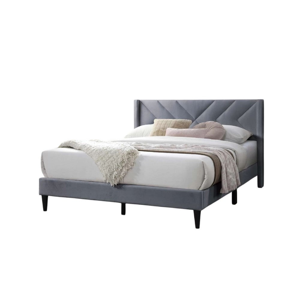 Benjara Niasa Full Size Bed, Chevron Tufted Gray Velvet Upholstered Foam