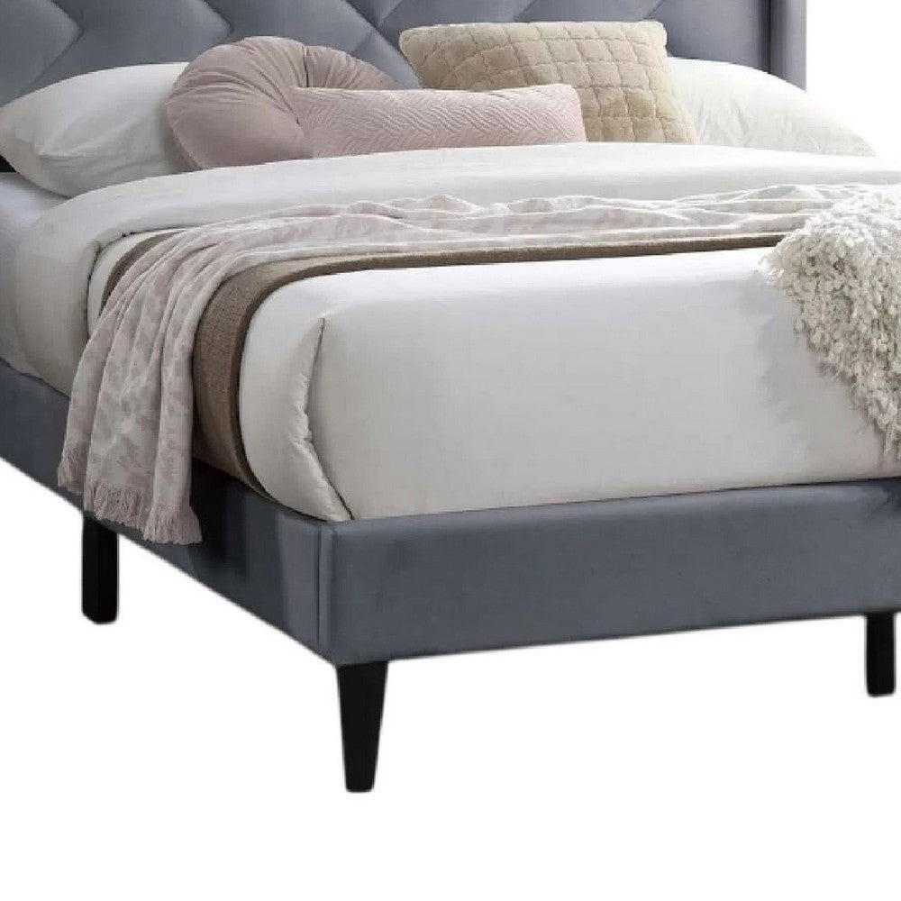 Benjara Niasa Full Size Bed, Chevron Tufted Gray Velvet Upholstered Foam