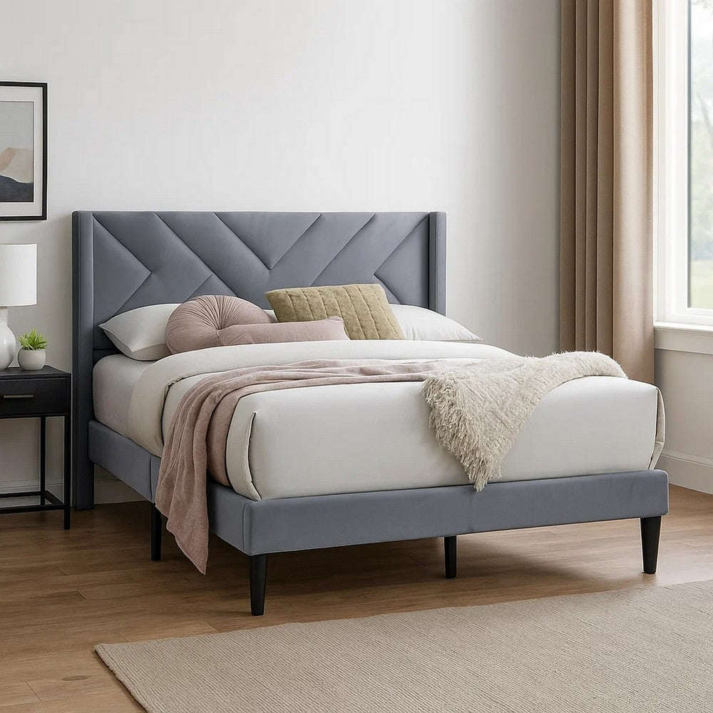 Benjara Niasa Full Size Bed, Chevron Tufted Gray Velvet Upholstered Foam