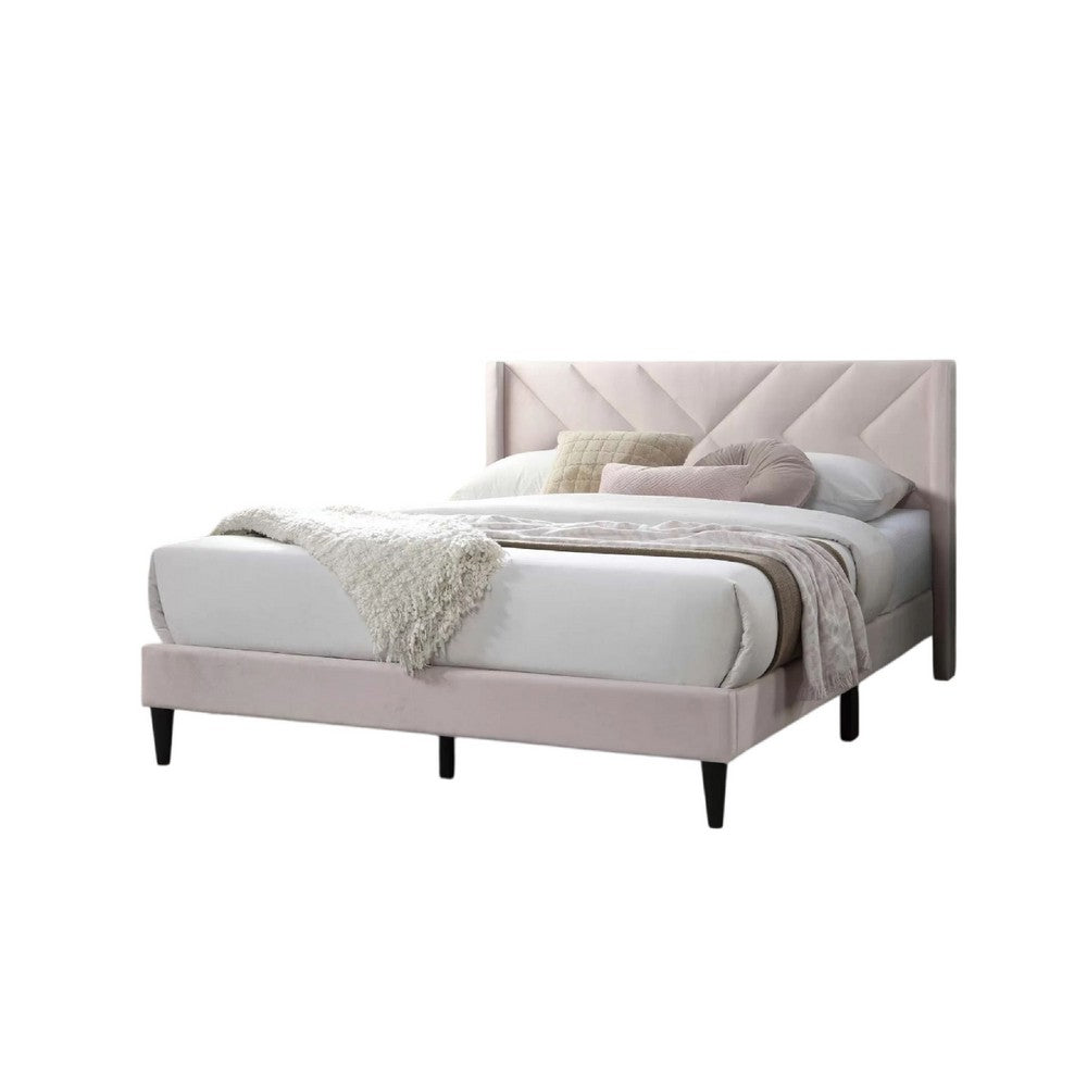 Benjara Niasa Full Size Bed, Chevron Tufted Pink Velvet Upholstered Foam