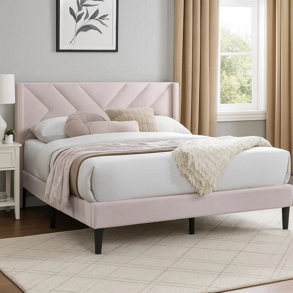 Benjara Niasa Full Size Bed, Chevron Tufted Pink Velvet Upholstered Foam