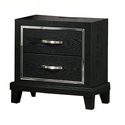 Benjara Nightstand with Charging Station, 2 Drawers, Black Rubberwood 24 Inch