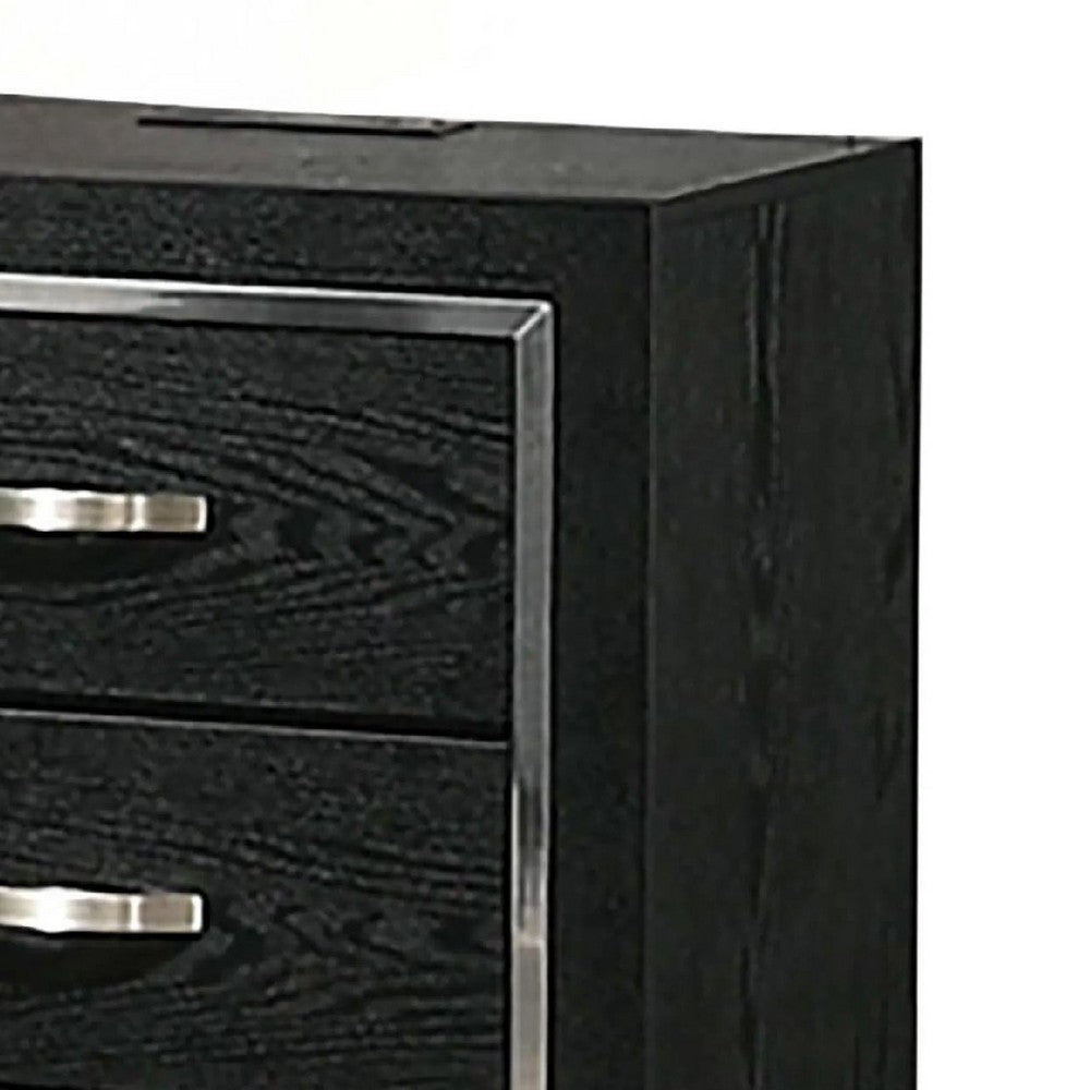 Benjara Nightstand with Charging Station, 2 Drawers, Black Rubberwood 24 Inch