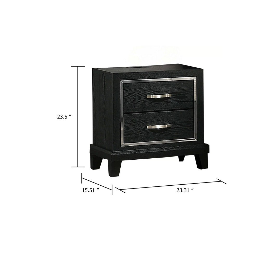 Benjara Nightstand with Charging Station, 2 Drawers, Black Rubberwood 24 Inch