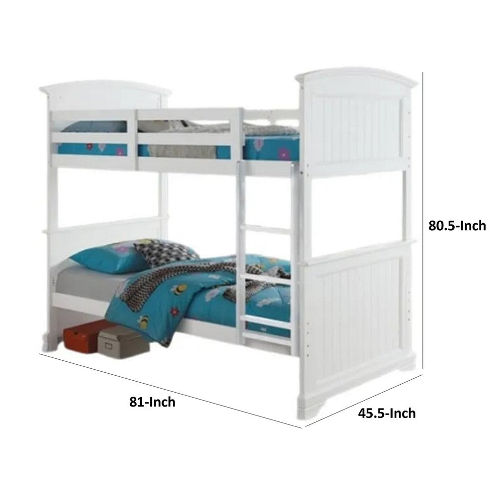 Benjara Rexo Twin over Twin Bunk Bed with Ladder, Plank Style Headboard, White