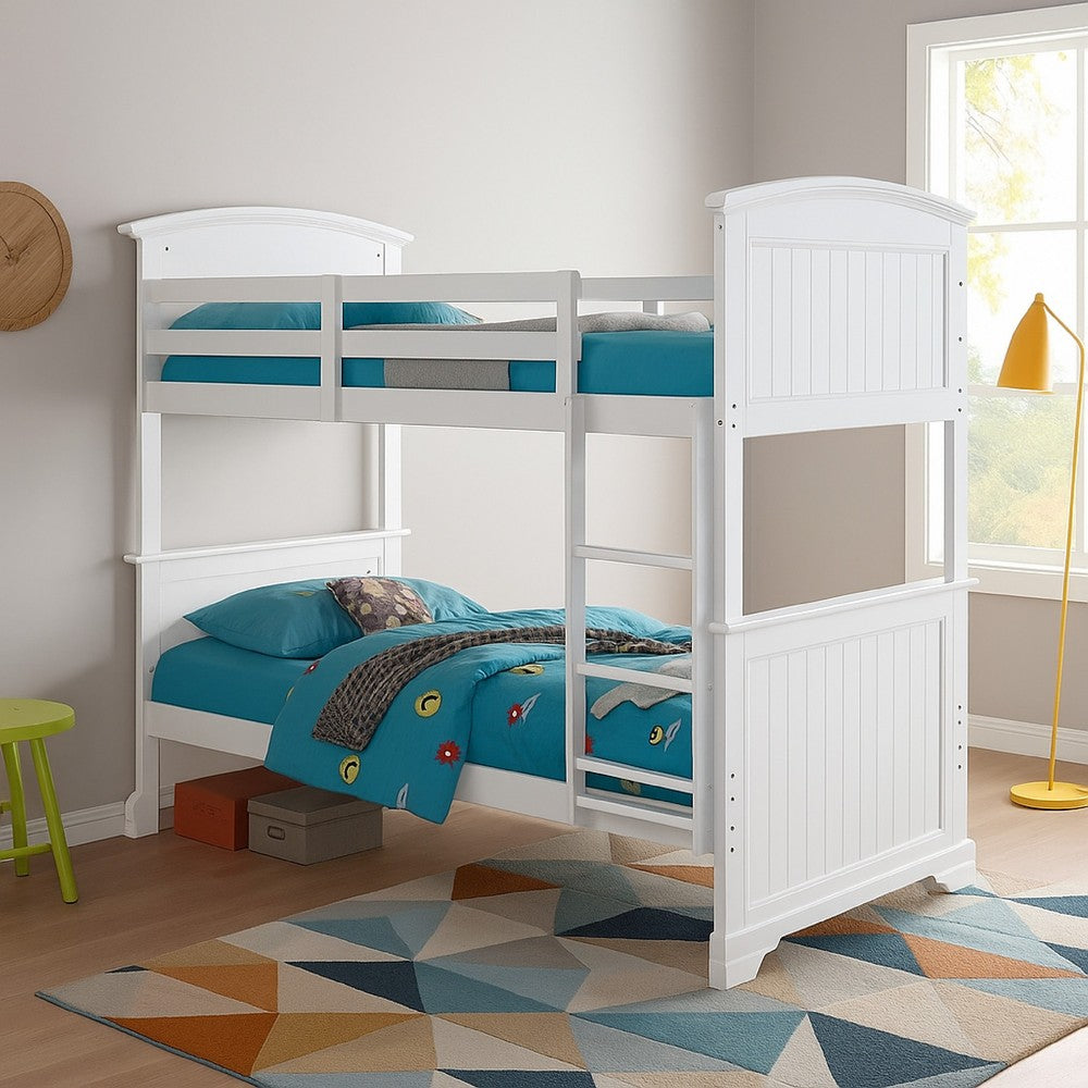 Benjara Rexo Twin over Twin Bunk Bed with Ladder, Plank Style Headboard, White