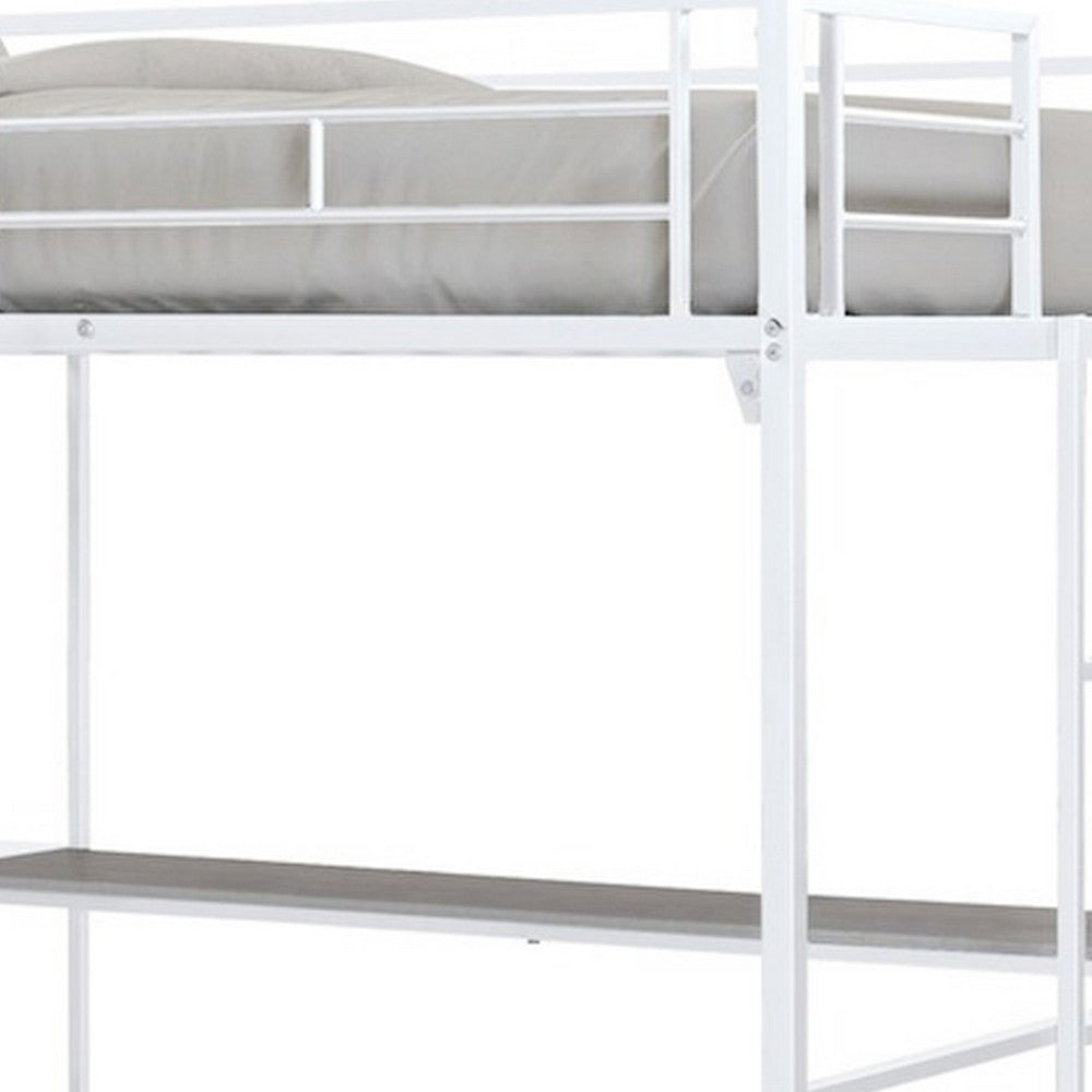 Benjara Dexo Twin Loft Bed with Built in Workstation And Ladder, White Metal