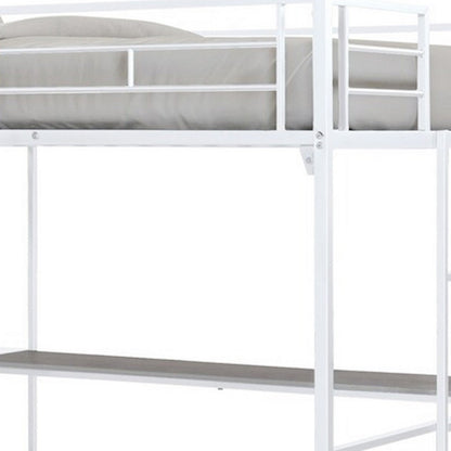 Benjara Dexo Twin Loft Bed with Built in Workstation And Ladder, White Metal