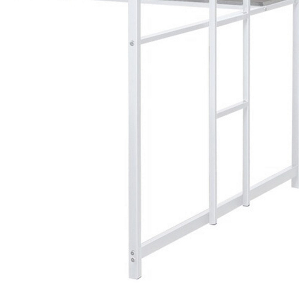 Benjara Dexo Twin Loft Bed with Built in Workstation And Ladder, White Metal