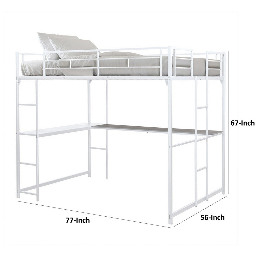 Benjara Dexo Twin Loft Bed with Built in Workstation And Ladder, White Metal