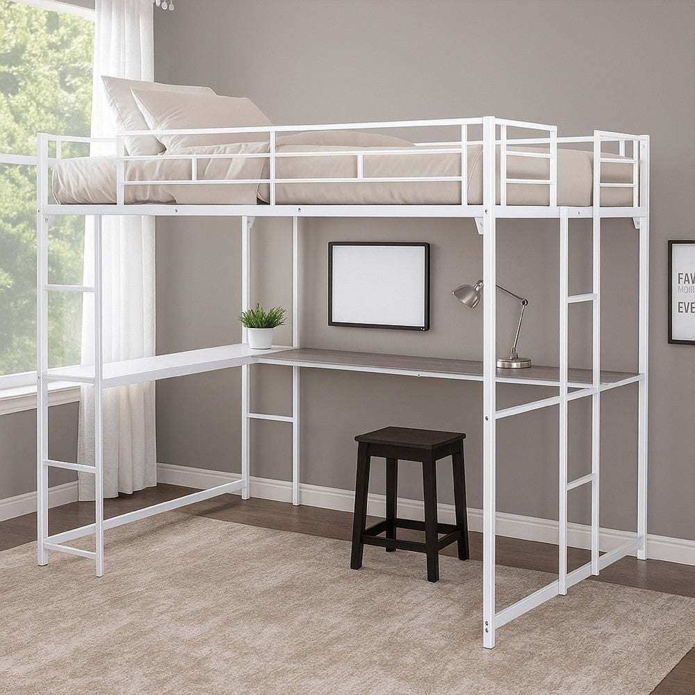Benjara Dexo Twin Loft Bed with Built in Workstation And Ladder, White Metal