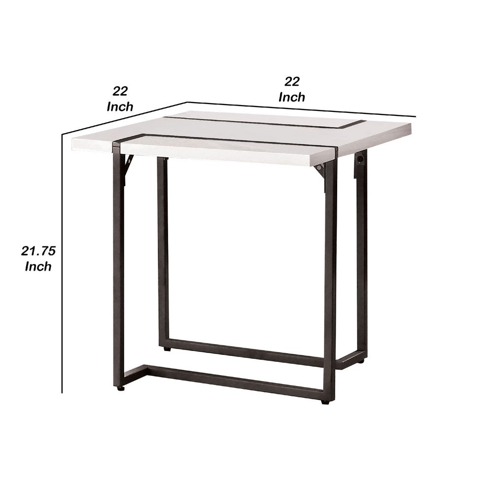 Benjara Iry Side End Table, Black Steel Sled Base, 22 Inch, Gloss White Lacquer